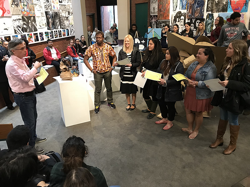 Professor Jacek Bigosinski presents awards to architecture, interior design and construction management students Timothy Matturie, Sarah Comstock, Helen Palamino, Angelica Haravata, Laura Bouford and Kelly McCaskill, 2018 NCC Stacy M. Israel Art, Architecture + Design Student Exhibition