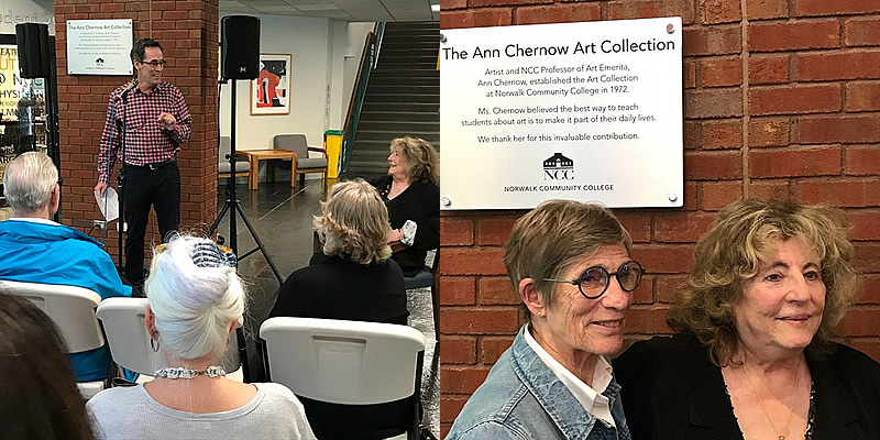 Professor Joseph Fucigna reflects on Ann Chernow's impact on NCC and the art collection she began in 1972. Chernow, right, and friend and former NCC colleague Sandy Lefkowitz, left, in front of the plaque that now bears her name.