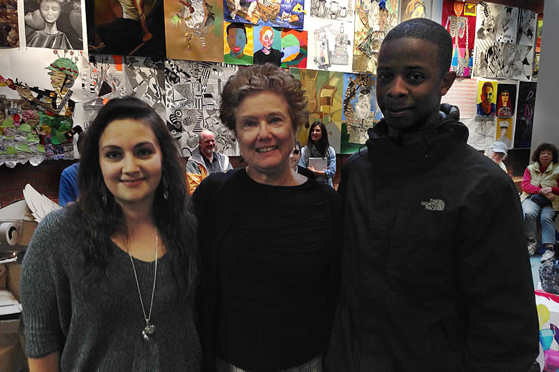 Professor Joan Fitzsimmons, center with volunteer service award-winning students Valentina Stefanidis, left, and Nolan Ferguson, right at the NCC 2015 Stacy M. Israel Art, Architecture + Design Student Exhibition